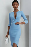 Sky Blue Bodycon V-Neck Midi Work Dress
