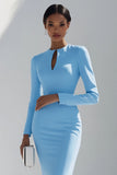 Sky Blue Bodycon Short Work Dress with Keyhole