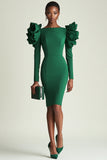 Dark Green Bodycon Long Sleeves Short Work Dress with Ruffles