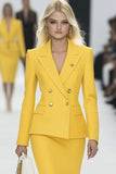 Yellow 2 Piece Bodycon Peak Lapel Double Breasted Mini Work Dress