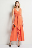 Draped V-Neck Orange Work Dress with Front Knot