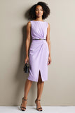 Purple Ruched Sheath Work Dress with Belt
