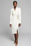 White Notched Lapel Sheath Work Dress with Long Sleeves