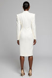 White Notched Lapel Sheath Work Dress with Long Sleeves