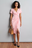 Pink Ruched V-Neck Sheath Work Dress