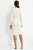 White Sheath V Neck Work Dress with Long Sleeves