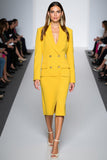 Yellow 2 Piece Sheath V Neck Work Dress with Long Sleeves