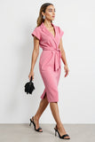 Pink V-Neck Sheath Work Dress with Belt