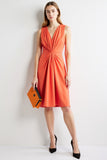 Ruched Orange V-Neck A Line Work Dress