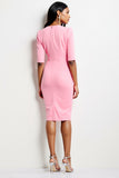 Pink V-Neck Ruched Sheath Work Dress with Half Sleeves