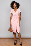 Ruched Pink V-Neck Sheath Work Dress