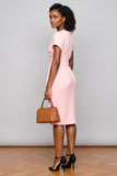 Ruched Pink V-Neck Sheath Work Dress
