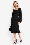 Black Long Sleeve Square Neck Work Dress With Ruffles