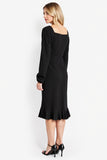 Black Long Sleeve Square Neck Work Dress With Ruffles