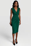 Dark Green Ruched V Neck Bodycon Knee Length Work Dress