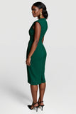 Dark Green Ruched V Neck Bodycon Knee Length Work Dress