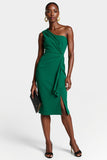 Dark Green One Shoulder Bodycon Midi Work Dress With Slit