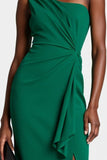 Dark Green One Shoulder Bodycon Midi Work Dress With Slit