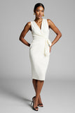 White Ruched Midi Bodycon Work Dress