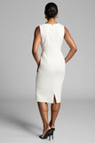 White Ruched Midi Bodycon Work Dress