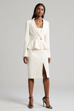 White Peak Lapel Long Sleeve Bodycon 2 Piece Midi Work Dress With Slit