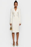 White Double Breasted Peak Lapel Bodycon Midi Work Dress