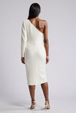 White 3D Flower Sheath Work Dress With Long Sleeves