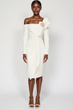 White One Shoulder Bodycon Ruched Work Dress with Long Sleeves