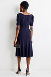 Navy Square Neck Midi Work Dress with Short Sleeves