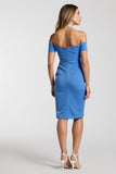 Blue Ruched Off The Shoulder Bodycon Work Dress with Slit