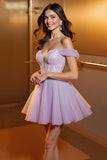 Sparkly Beaded Lilac Off the Shoulder Homecoming Dress