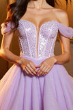 Sparkly Beaded Lilac Off the Shoulder Homecoming Dress