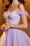 Sparkly Beaded Lilac Off the Shoulder Homecoming Dress