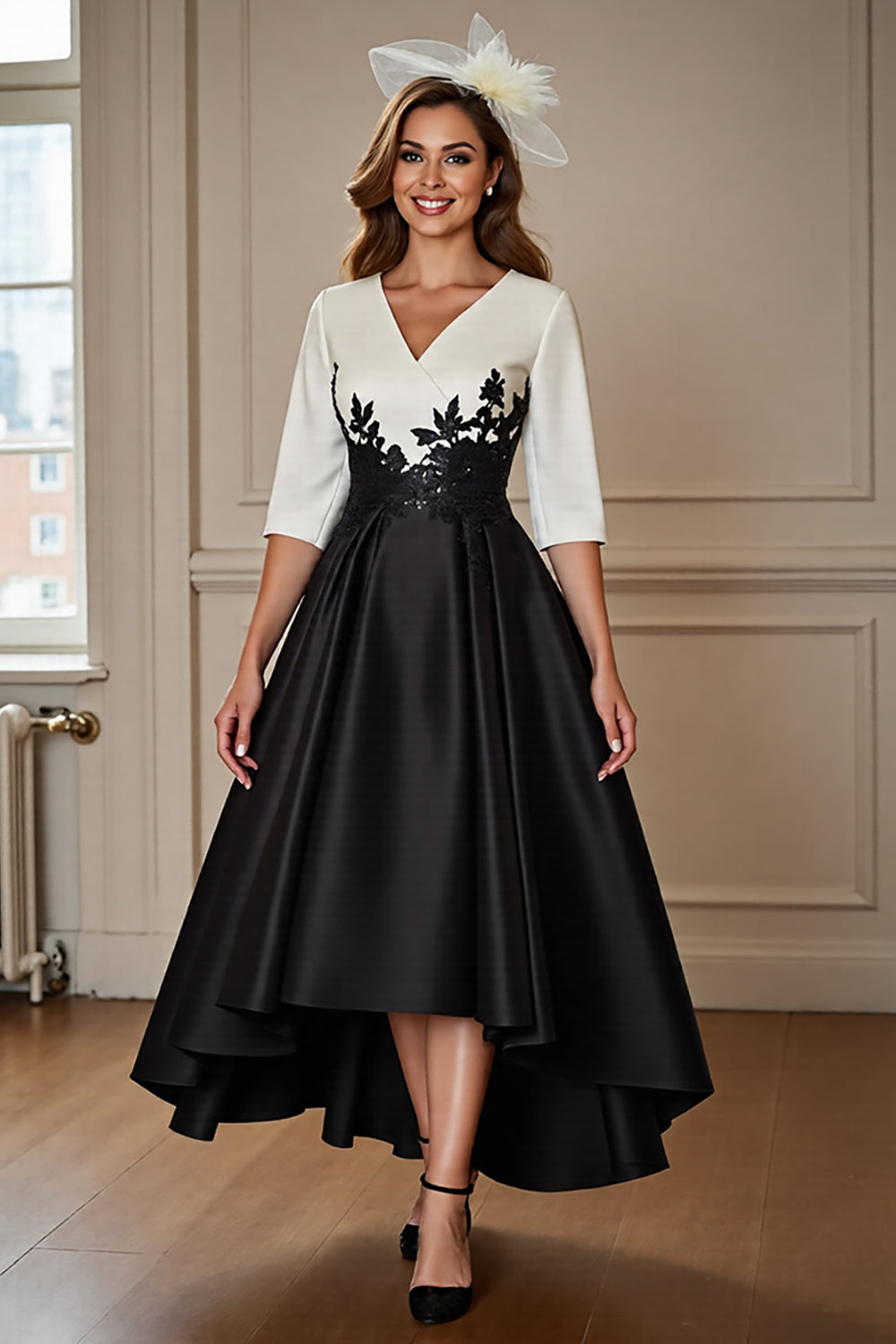 ZAPAKA Women Black and White Mother of the Bride Dress wth Appliques Half Sleeve A Line High Low Wedding Guest Dress ZAPAKA Women Black and White Mother of the Bride Dress wth Appliques Half Sleeve A Line High Low Wedding Guest Dress