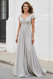 Silver A Line V Neck Ruched Mother Of The Bride Dress
