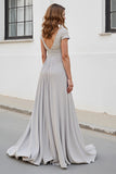 Silver A Line V Neck Ruched Mother Of The Bride Dress