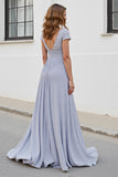 Silver V Neck Ruched A Line Mother Of The Bride Dress