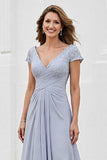 Silver V Neck Ruched A Line Mother Of The Bride Dress
