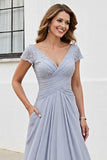 Silver V Neck Ruched A Line Mother Of The Bride Dress