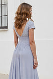 Silver V Neck Ruched A Line Mother Of The Bride Dress