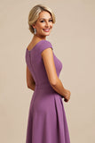 Purple A Line Beaded Chiffon Tea Length Mother of the Bride Dress with Ruffles