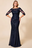 Sparkly Navy Mermaid Chiffon Long Mother of the Bride Dress with Lace