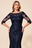 Sparkly Navy Mermaid Chiffon Long Mother of the Bride Dress with Lace