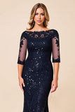 Sparkly Navy Mermaid Chiffon Long Mother of the Bride Dress with Lace