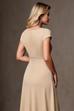 Champagne A Line Satin Ruffled Long Mother of the Bride Dress with Slit