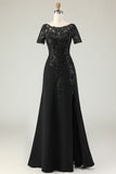 Black Sheath Satin Long Mother of the Bride Dress with Appliques