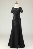 Black Sheath Satin Appliqued Long Mother of the Bride Dress with Sleeves