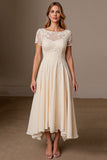 Apricot A Line Short Sleeve Tea Length Mother of the Bride Dress with Appliques