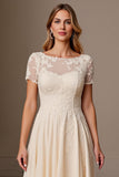 Apricot A Line Short Sleeve Tea Length Mother of the Bride Dress with Appliques