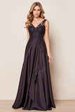 Black Satin Ruffled Long Mother of the Bride Dress with Lace